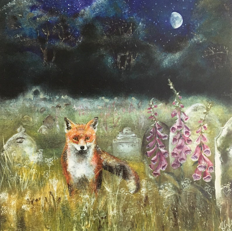 May include: A red fox stands in a graveyard under a starry night sky. The fox is looking at the viewer. There are tall, purple foxglove flowers in the foreground.