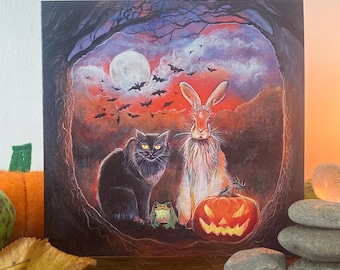 Halloween Black Cat and Hare Whimsical Card,  Cat and Pumpkin Halloween Card, Samhain Decor, Pagan and Witchy Samhain Greetings Card