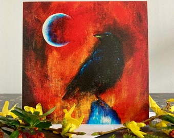 Colourful crow card, raven crow and moon blank greetings card, birthday, thank you, note card, spooky crow card, card to frame, 'Vigil.'