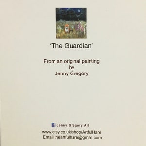 May include: A painting titled 'The Guardian' depicts a fox standing in a field at night with a full moon in the sky. The painting is by Jenny Gregory.