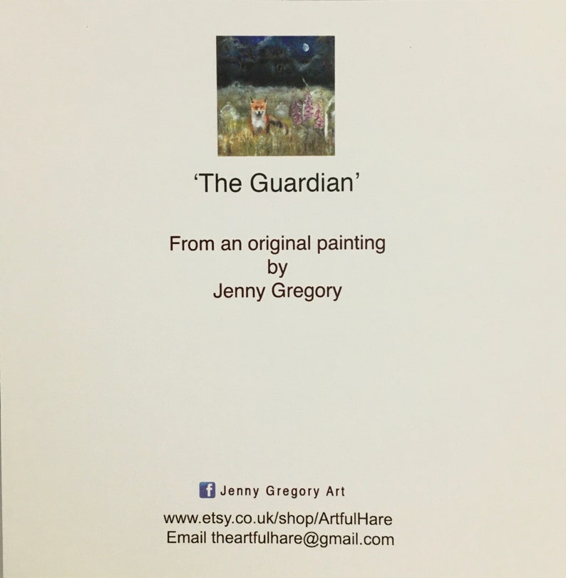 May include: A painting titled 'The Guardian' depicts a fox standing in a field at night with a full moon in the sky. The painting is by Jenny Gregory.