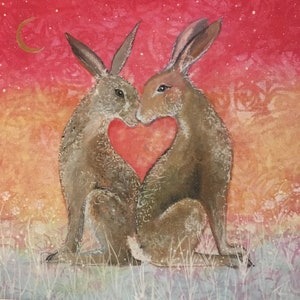 Moongazing Hares Print, Engagement Wedding Gift for Hare Lovers, Hares in Love Picture, Affordable Hare Art, Hare Wall Art, Handfasting image 1