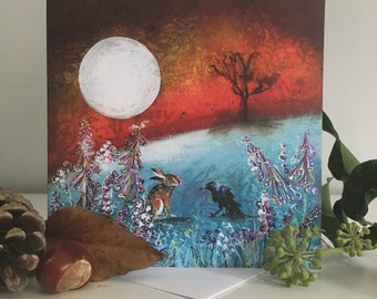 Crow and Hare Greetings Card: Magical Woodland Animals Art