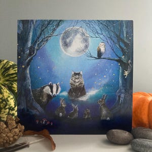 Carte animaux de la forêt, carte vierge animaux Samhain, carte chat, « The Gathering », carte sorcière magique, cottagecore, carte blaireau, carte lapins