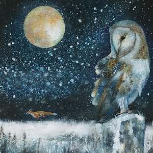 Barn Owl in Snow Fine Art Giclee Print, Owl in Wintery Snow Scene, Fox and Owl Print, Owl Lovers Gift Idea, Affordable Magical Art, wall art