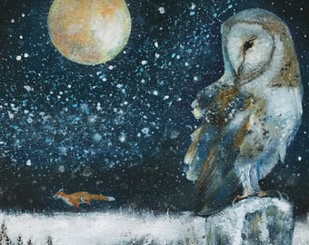 Barn Owl in Snow Fine Art Giclee Print, Owl in Wintery Snow Scene, Fox and Owl Print, Owl Lovers Gift Idea, Affordable Magical Art, wall art