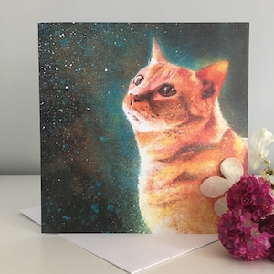 Magische Ingwer Katze Blanko Grußkarte, Orange Katzen Geburtstags- oder Dankeskarte, verrückte mystische Kitty Karte für Katzenliebhaber, Katzen Kunst