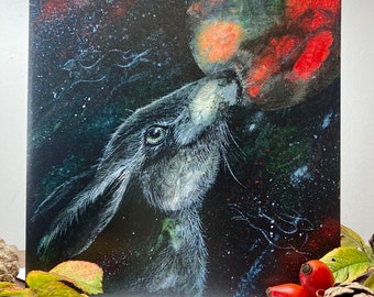 Hare greetings card, moongazing hare card, hare birthday card, hare thank you card, card for hare lover, pagan art card, magical art card