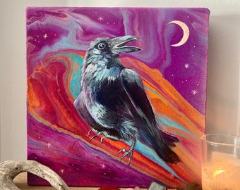 Colourful Crow Painting, Raven Artwork, Small Original Crow Painting, Yule Christmas Gift Crow Lover, Magical Wall Art, Fall Wall Decor