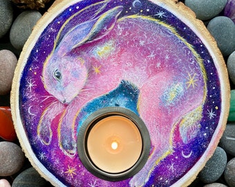 Magical bunny tea light candle holder, cosmic star rabbit spirit original artwork, unique bunny painting, rabbit candlestick altar decor