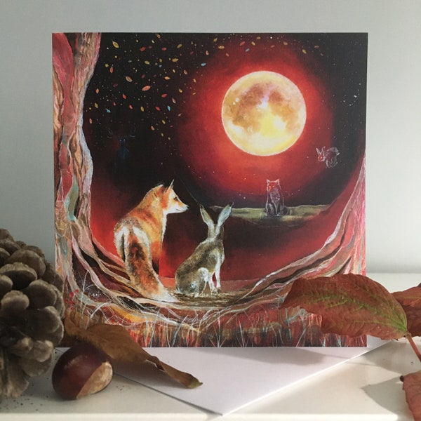 Halloween Greetings Card, Samhain Art Greetings Card, Samhain Altar Decoration, Witchy and Pagan Home, Fox ad Hare Art Card, Magical Art