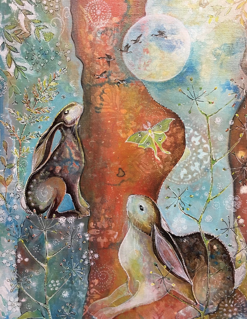 Moongazing hares fine art print, magical moongazing hare picture, art for pagan home, witchy art, home wall decor, cottagecore, mystical art imagem 1