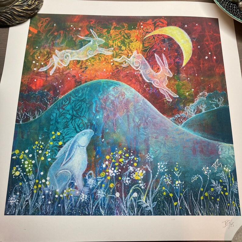 Moongazing Hare Art Print: Colourful Fairytale Wall Art image 3