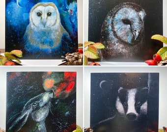 Greetings cards for Autumn / Fall / Magical Owl Cards/ Moongazing Hare Cards / Birthday / Birds / Wildlife / Badger Art Card/ Wall Décor