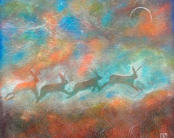 Running Hares Fine Art Print: Mystic Landscape Painting