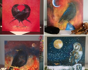 Blackbird card, owl card, crow card, bird cards in a pack, cards for bird lovers, bird watchers greetings cards, British birds art, bird art