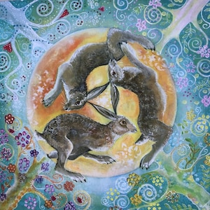 Hare trinity fine art giclee print, three running hares art, magical mystical wall decor, contemporary nature and botanical art, hares, moon