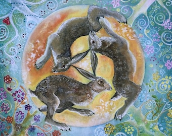 Hare trinity fine art giclee print, three running hares art, magical mystical wall decor, contemporary nature and botanical art, hares, moon