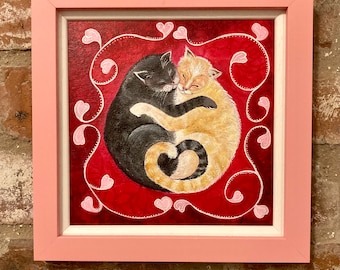 Valentines cat gift, original valentines day cats painting, cats in love, framed original wedding gift for cat lovers, cats hearts painting