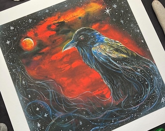 Magical Raven Art Print: Pagan Home Decor, Cosmic Crow Wall Art, Giclee