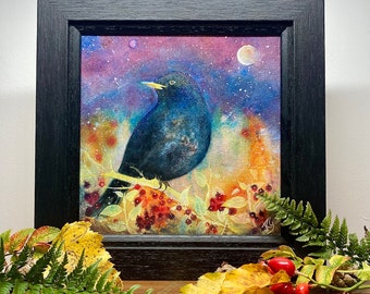 Blackbird painting, black bird art, bird wall art, framed bird painting, birthday gift, birdlovers gift idea, British birds, dark wall art