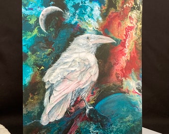 Colourful White Raven Greetings Card, Blank Raven Card, Beautiful Raven Card to Send or Frame
