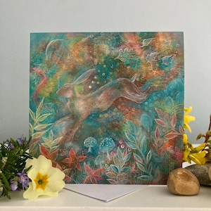 Leaping Hare Greetings Card: 'Shapeshifter' Whimsical Pagan Art