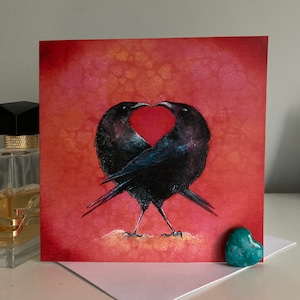 Crow wedding card, crow anniversary card, Valentines Day crow card, card for crow lover, crow engagement card, lovebirds card, crows in love image 1