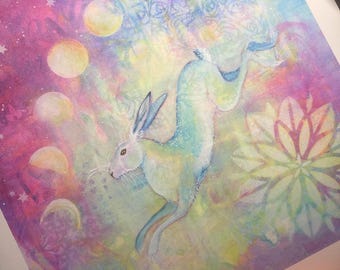 Hare and Moonphases Giclee Print: Mystical Feminine Home Decor, Magical Hare Wall Art