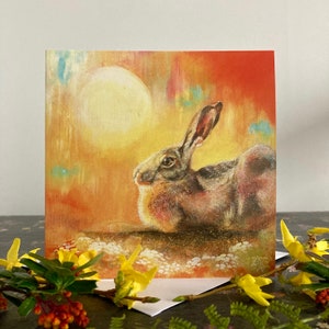 Sommerhase Blanko-Grußkarte, Sonnenschein Hase Karte, englische Wildtierkarte, magische Hase Karte, mystische verträumte Kunst, Geburtstagskarte Hase Liebhaber