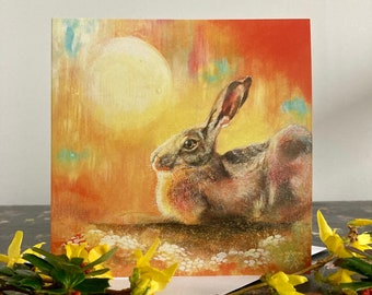 Summer hare card, sunny hare card, blank greetings card, English wildlife, magical hare card, birthday, thank you, note card, ‘Sunbathing’