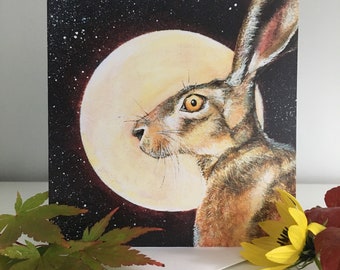 Magical hare and moon card, ‘Lunar’, moongazing hare blank card, birthday, thank you, blank card