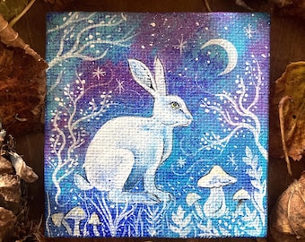 White Hare Painting Fridge Magnet: Miniature Acrylic Wildlife Art