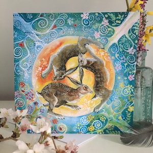 Hase Dreifaltigkeitskarte, Ostara Altar Karte, Osterkarte, Heidnische Feste Karte, Frühlings-Tagundnachtgleiche, Frühlingshasen, Rad des Jahres