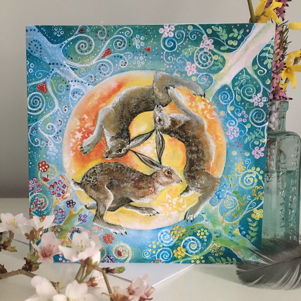 Hare Trinity Card, Ostara Altar Card, Easter Card, Pagan Festivals Card, Spring Equinox, Spring Hares, Wheel of the Year