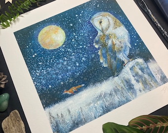Barn Owl Winter Scene Giclee Print: Fox and Owl Magical Art