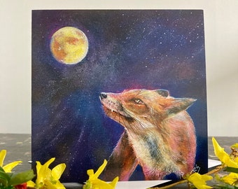 Fox and moon greetings card, moongazing fox, magical fox art, birthday, thank you note card, English wildlife, card to frame, 'Pink Fox'