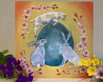 Hares and Lamb Easter Card for Spring: Easter Eggs and Bunnies Greetings
