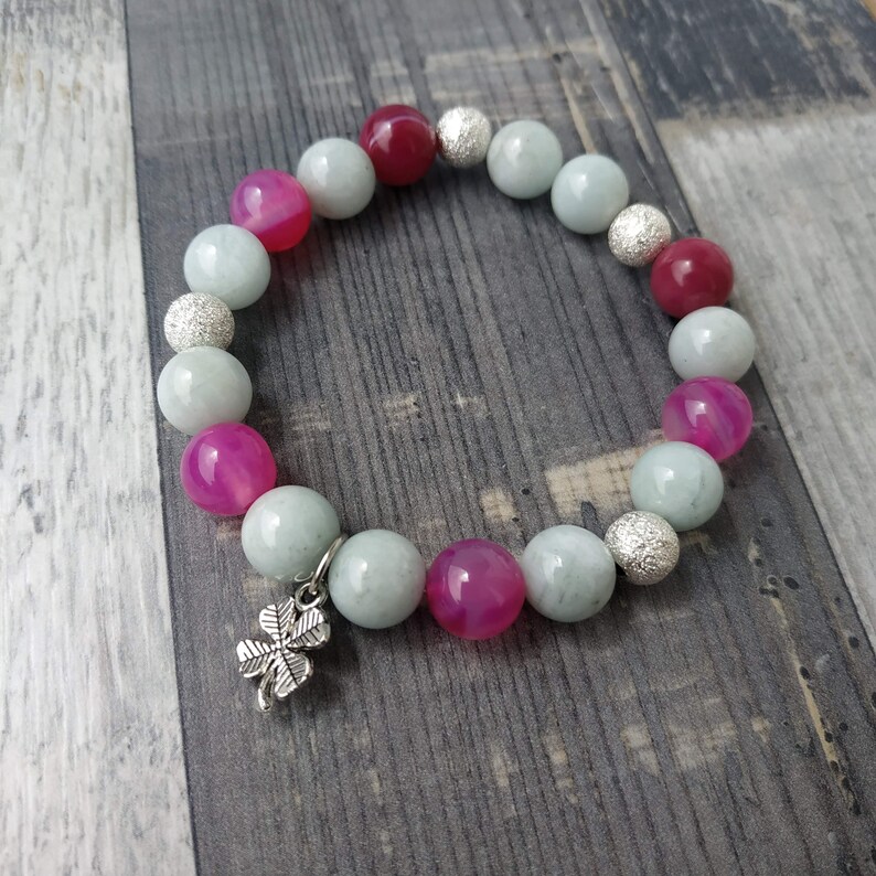 Natural stone,Jewelry gift for women Pink Agate 10mm Bracelets Clover Aquamarine 10mm Bracelet Gemstone stretch bracelet