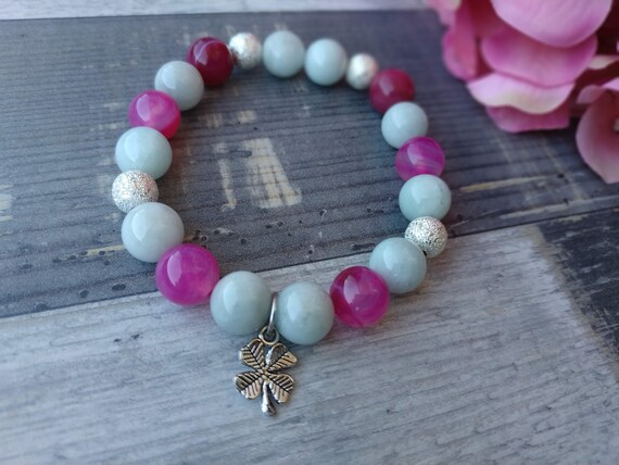 Natural stone,Jewelry gift for women Pink Agate 10mm Bracelets Clover Aquamarine 10mm Bracelet Gemstone stretch bracelet