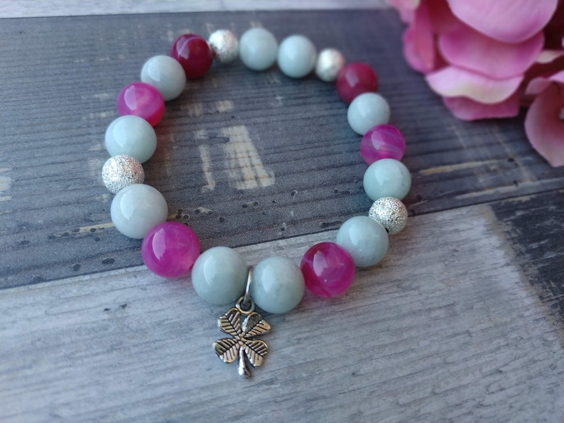 Natural stone,Jewelry gift for women Pink Agate 10mm Bracelets Clover Aquamarine 10mm Bracelet Gemstone stretch bracelet