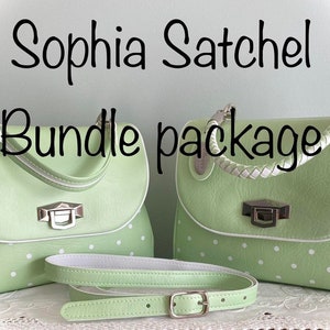 May include: A bundle package of two green polka dot satchels with white trim. One satchel has a braided handle and the other has a solid handle. Both satchels come with a matching green strap.