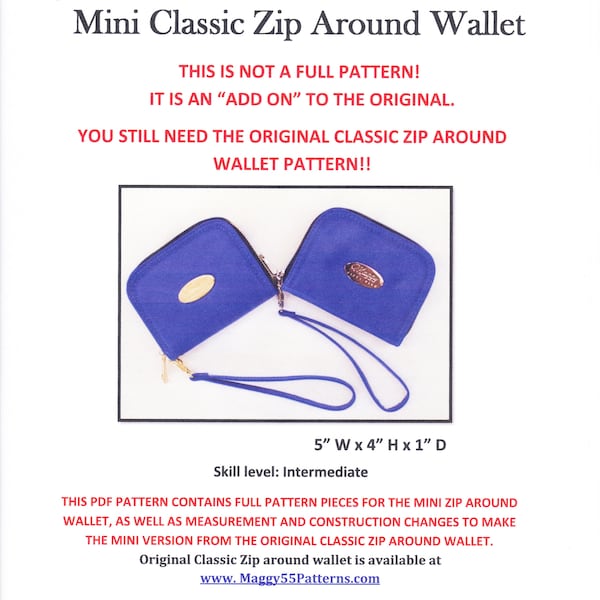 PDF sewing pattern - Mini Classic Zip Around wallet  "ADD ON" to the original Classic Zip around wallet pattern