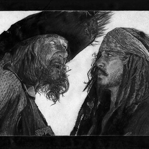 May include: Black and white pencil drawing of two pirates, one with a long beard and a hat, the other with long hair and a bandana. The pirates are looking at each other.