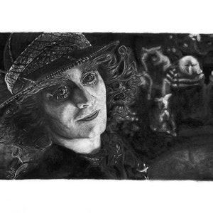 May include: A black and white pencil drawing of a man with a hat and a mischievous expression. He is surrounded by other figures in the background.