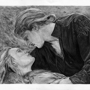 May include: A pencil drawing of a man and a woman in a tender embrace. The man, with long blond hair, gazes intently at the woman, who lies beneath him. The artwork is rendered in grayscale, with detailed shading and a focus on facial expressions.