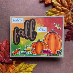 Joyeux automne | Carte d’automne, carte de Thanksgiving, carte de vœux faite à la main, citrouilles, feuilles d’automne, timbres d’abeilles mellifères