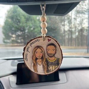 Custom Wood Slice Car Portrait: Personalized Rearview Mirror Hanging