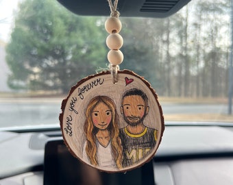 Custom Wood Slice Car Portrait: Personalized Rearview Mirror Hanging