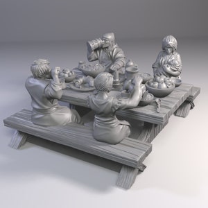May include: A gray 3D printed model of a group of people sitting at a wooden table. The table is set with bowls of food and a pitcher of liquid. The people are wearing simple clothing and have realistic features.